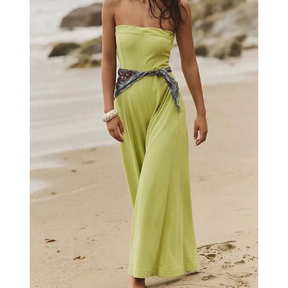 Free People Sz M Chartreuse Green Strapless Super Wide Leg Cotton Jumpsuit EUC